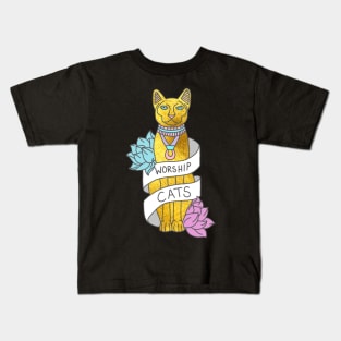 Worship Cats Kitten Sphynx Egyptian Typography Gold Meme Print Kids T-Shirt